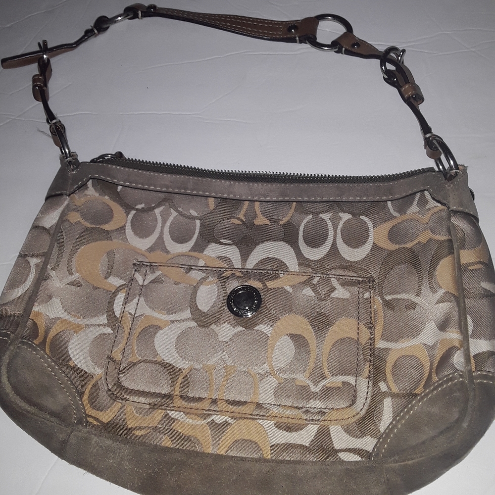 Coach Two tone tan Signature bag with toupe suede leather edging